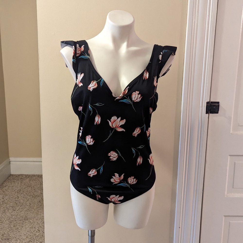 Beach Betty black with pink and blue tulip print one piece bathing suits size L